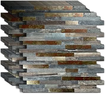 10-Sheet Peel and Stick Backsplash PVC Metal Tile,Self-Adhesive Wood Grain Wall Sticker Easy DIY Stick on Kitchen Bathroom Walls 10, Metal Pattern + Green Wood Grain