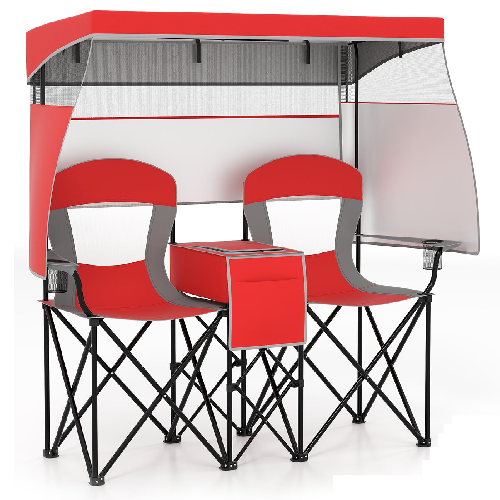 TANGZON Double Camping Chair, Outdoor Folding Loveseat with Shade Canopy, Cup Holder, Cooler Bag, Side Pocket & Carrying Bag, Portable Picnic Chair for Patio BBQ Fishing (with Roll-up Shade, Red)