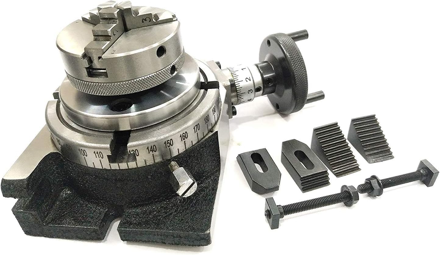 Buyohlic 4"/ 100 mm Regular Rotary Milling Table With Small Chucks and M6 Clamp Kit (with 65 mm 3 Jaws Self Centering Chuck & Clamp Kit)