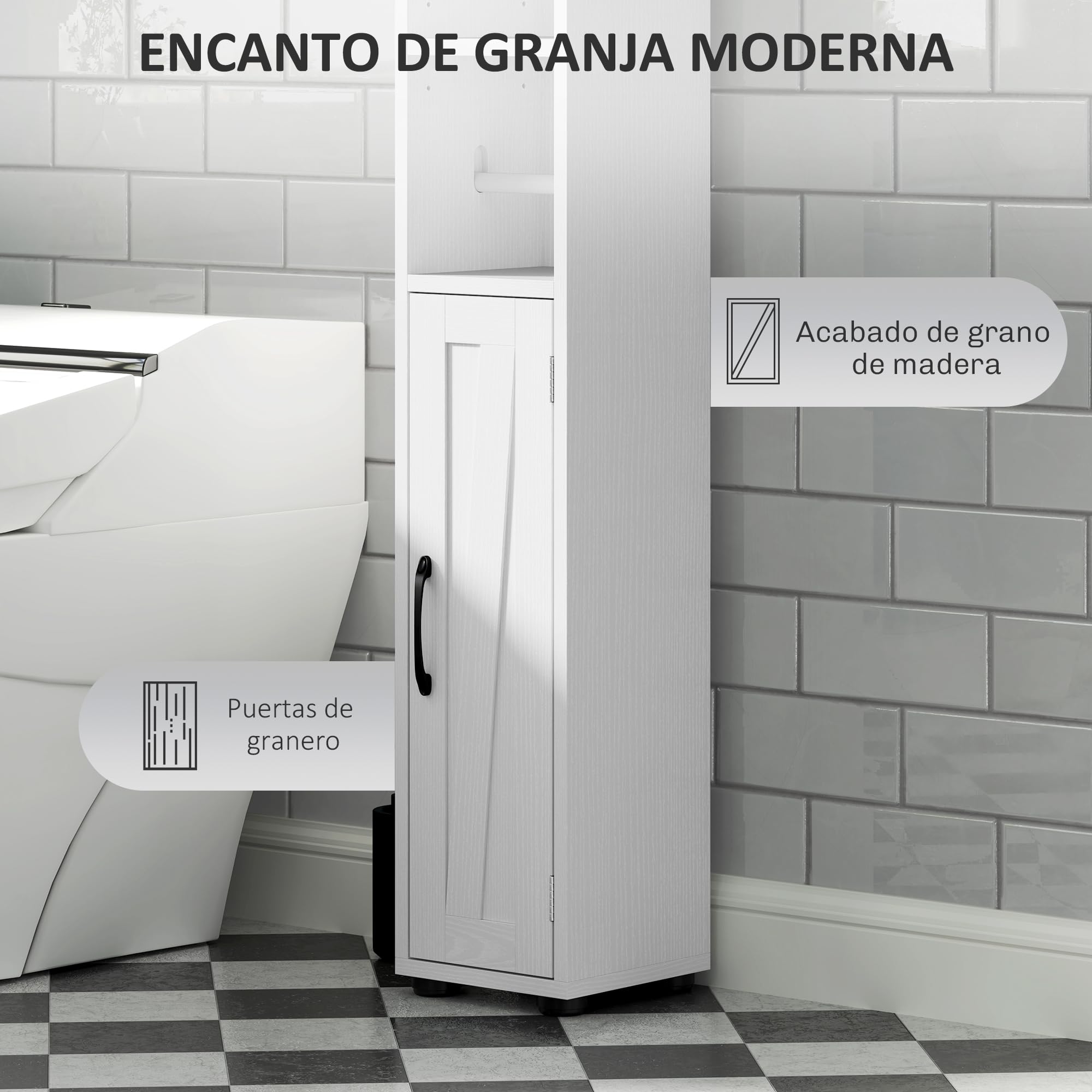 HOMCOM Columna de Baño Estrecha con 2 Puertas Armario Alto de Baño Rústico con Cajón Compartimento Abierto Estantes Ajustables y Portarrollos 20x20x185 cm Blanco