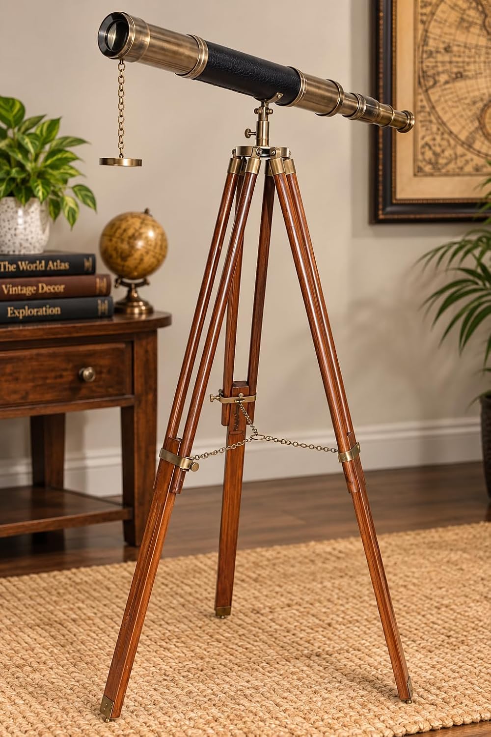 Nautical Brass Telescope Single Barrel Floor Standing Telescope with Wooden Tripod Antique Vintage Finish 42X Magnification, 27-Inch Tube 4.6 kg Decorative Spyglass for Bird Watching Home