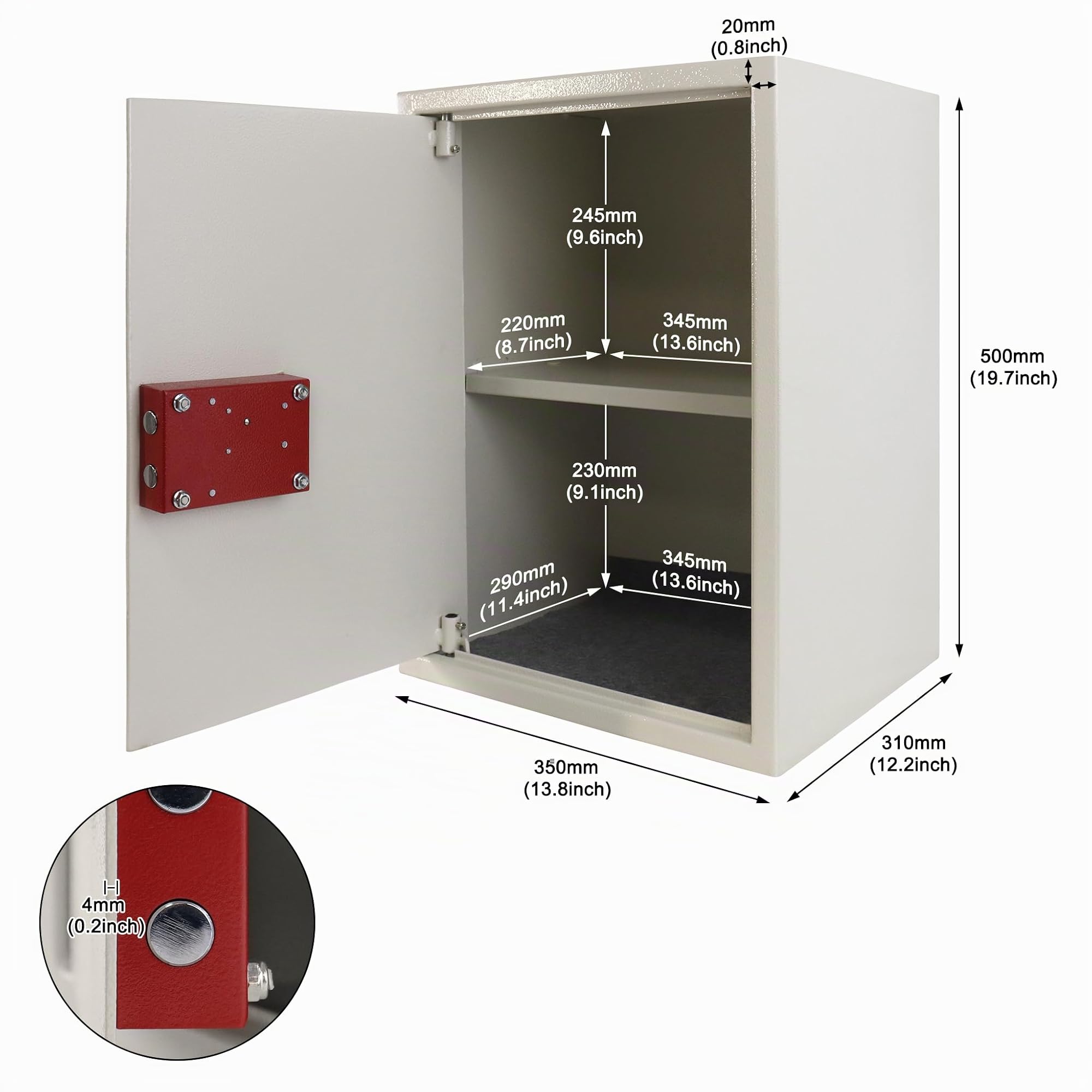 FIVMEN Caja fuerte para muebles con cerradura de doble barba, caja fuerte de pared, de acero, incluye 2 llaves y 4 tornillos de fijación, 35 x 31 x 50 cm, color blanco