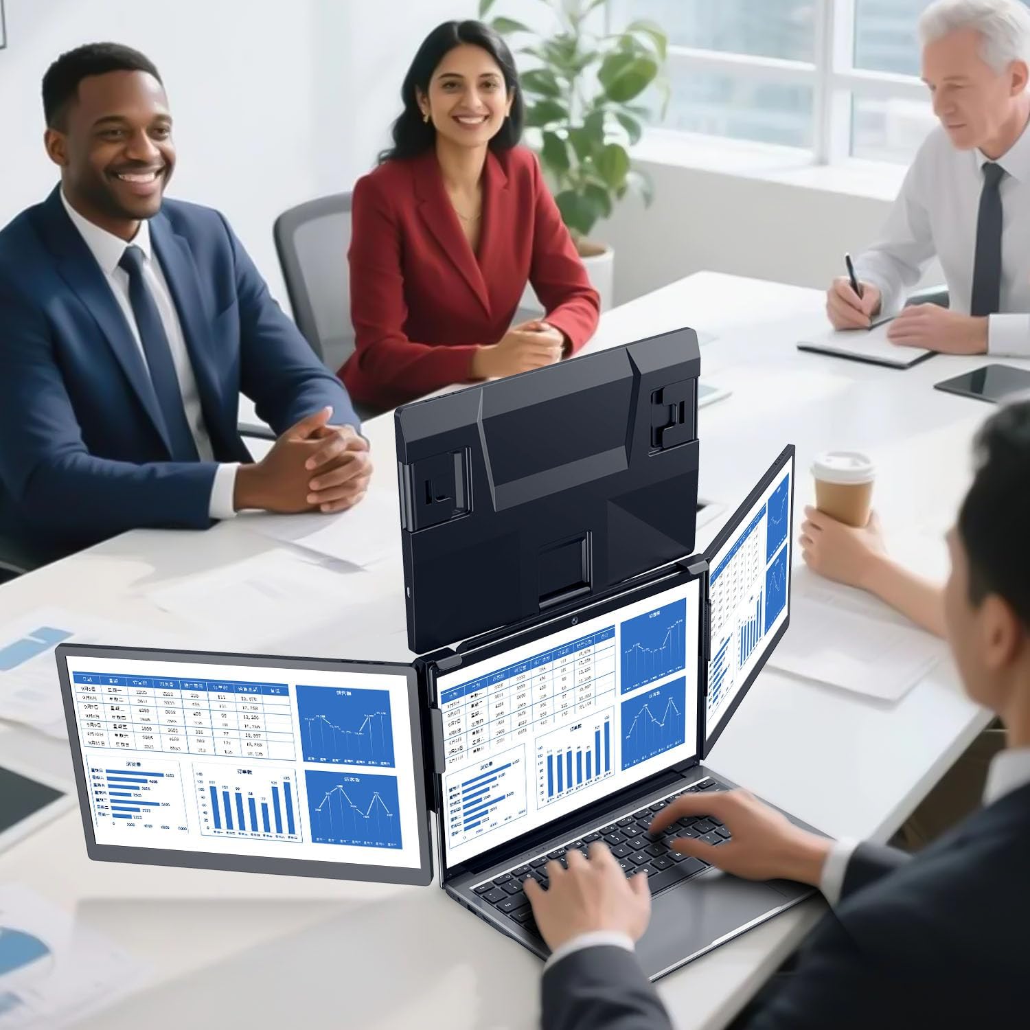 ADREAMER AireScreen13S in use, showing a laptop with three additional screens for a quad-screen setup.