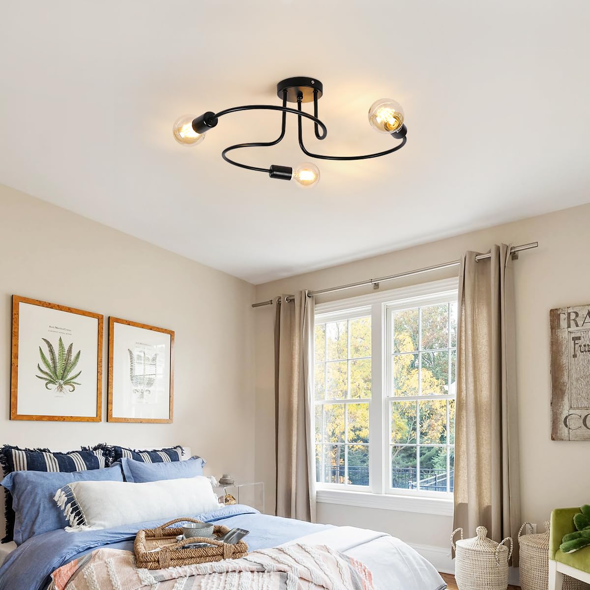 Vintage Lampada da Soffitto, Industriale Plafoniera E27 in Metallo Nera, 3 Luci Lampadario da Soffitto Moderno per Soggiorno Camera da Letto, Cucina (senza lampadine)