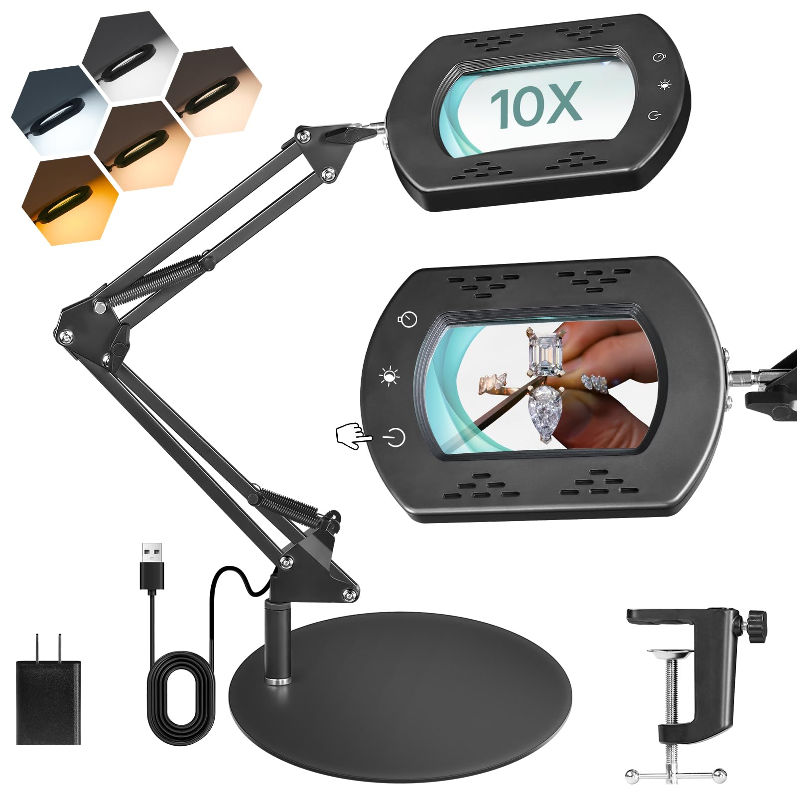 10X Round Magnifying Glass with Light and Stand, 2-in-1 LED Lighted Desk Lamp & Clamp, 5 Color Modes Stepless Dimmable, Hands-Free Magnifier Desk Lamp for Reading Craft Close Work B03DL05-image-40