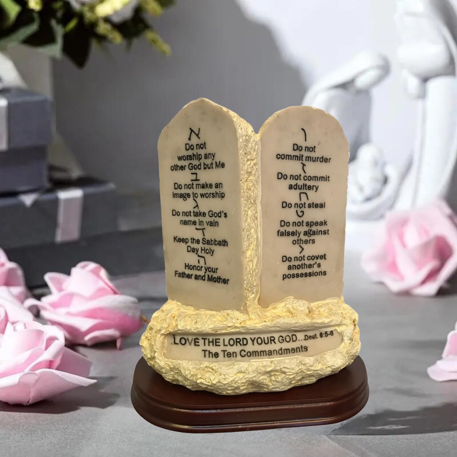 Ten Commandments Tabletop Decor Stone Replica Statue with Scripture On Wood Base - 7 Inches Tall The 10 Commandments Decor for Home or Office.