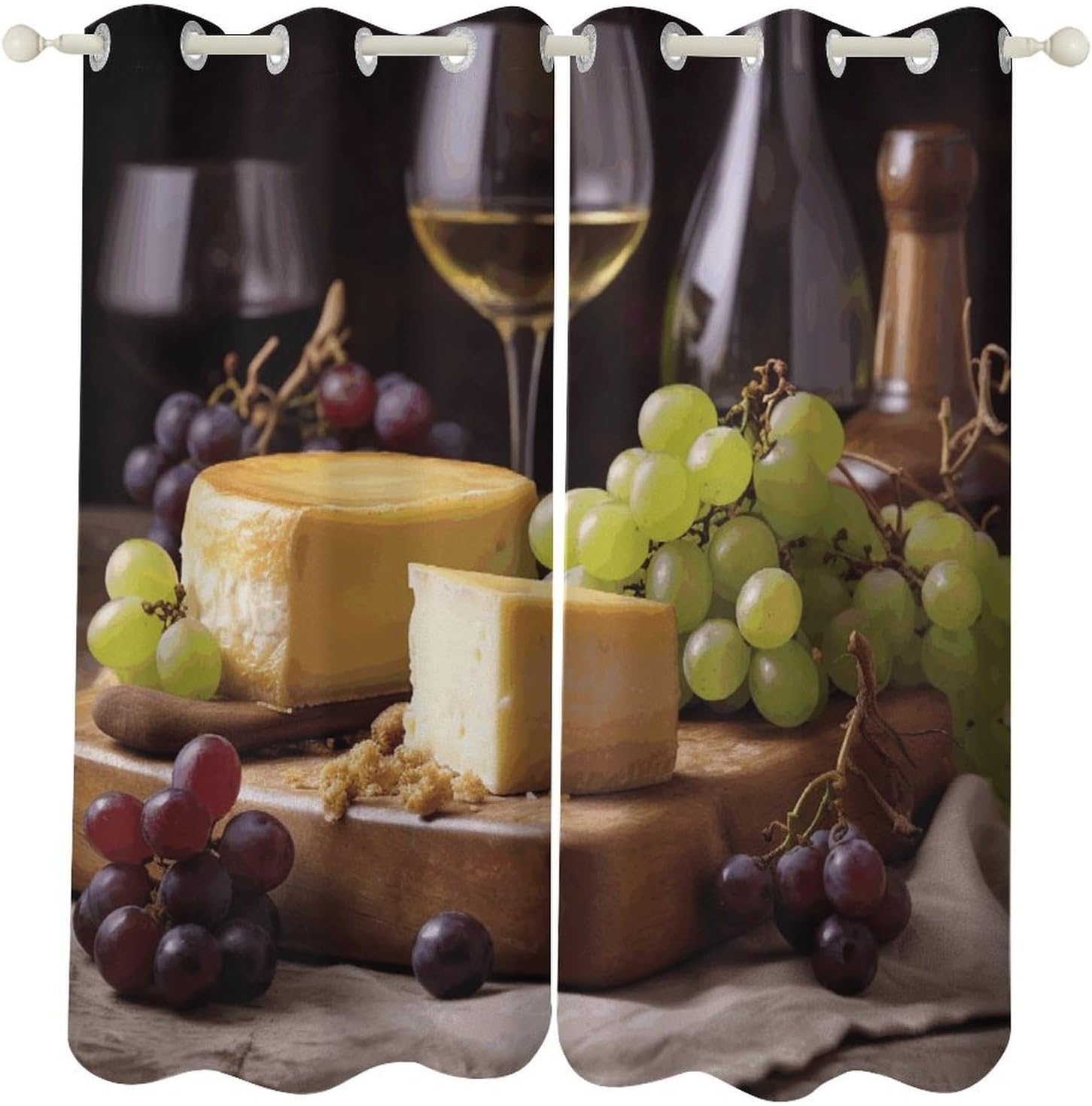 White Wine Cheese Cake Grapes Printed Perforated Curtains, Insulated Curtains for Winter, Thermal Drapes are Suitable for Most Windows, Balconies