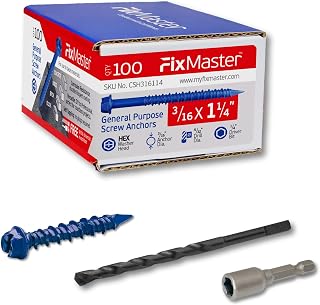 FixMaster 3/16 x 1-1/4 Hex Head Blue Concrete Screw Anchors (100 Pack Kit) w/ Drill Bit & Driver - Masonry Brick Block Wood Fasteners