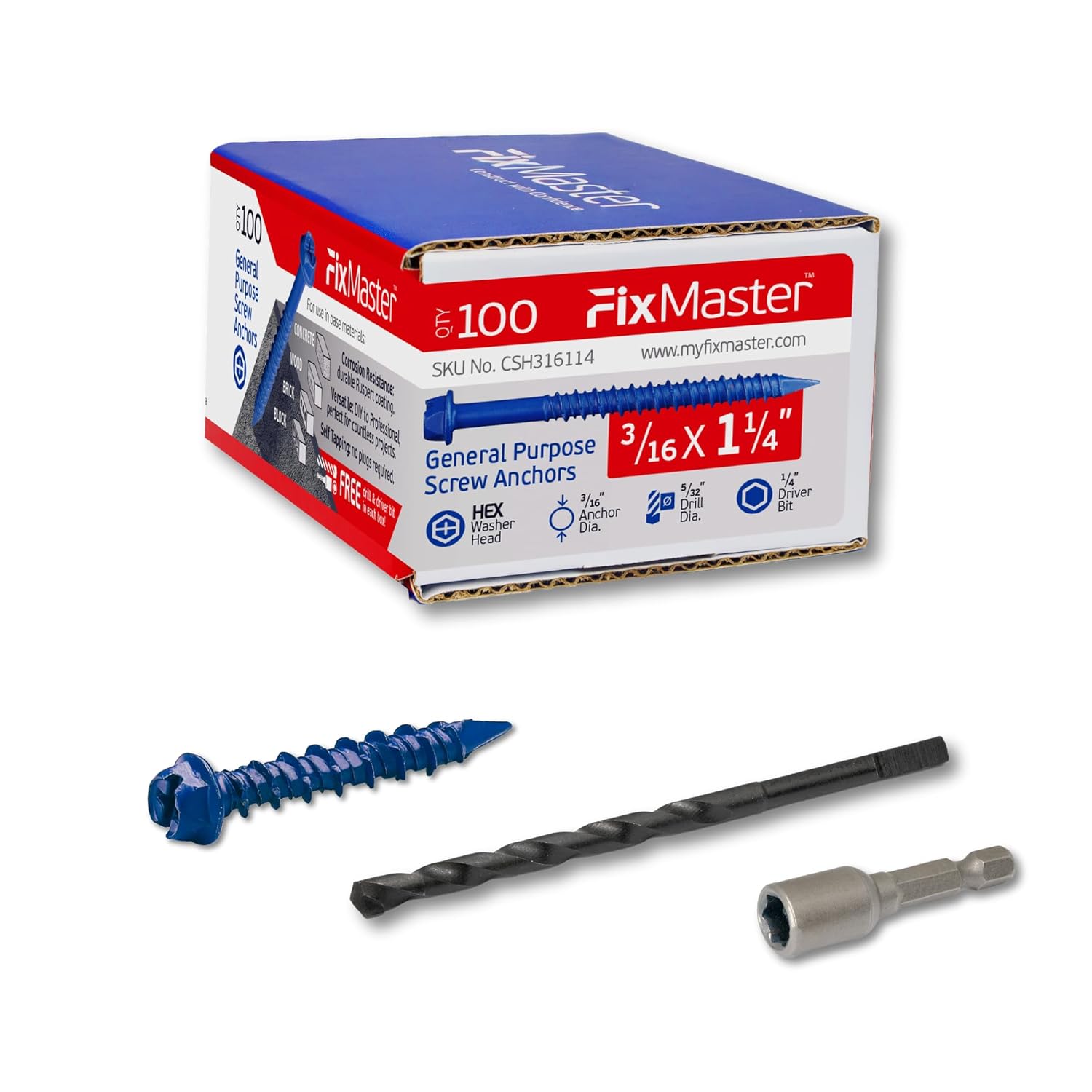 FixMaster 3/16 x 1-1/4 Hex Head Blue Concrete Screw Anchors (100 Pack Kit) w/ Drill Bit & Driver - Masonry Brick Block Wood Fasteners