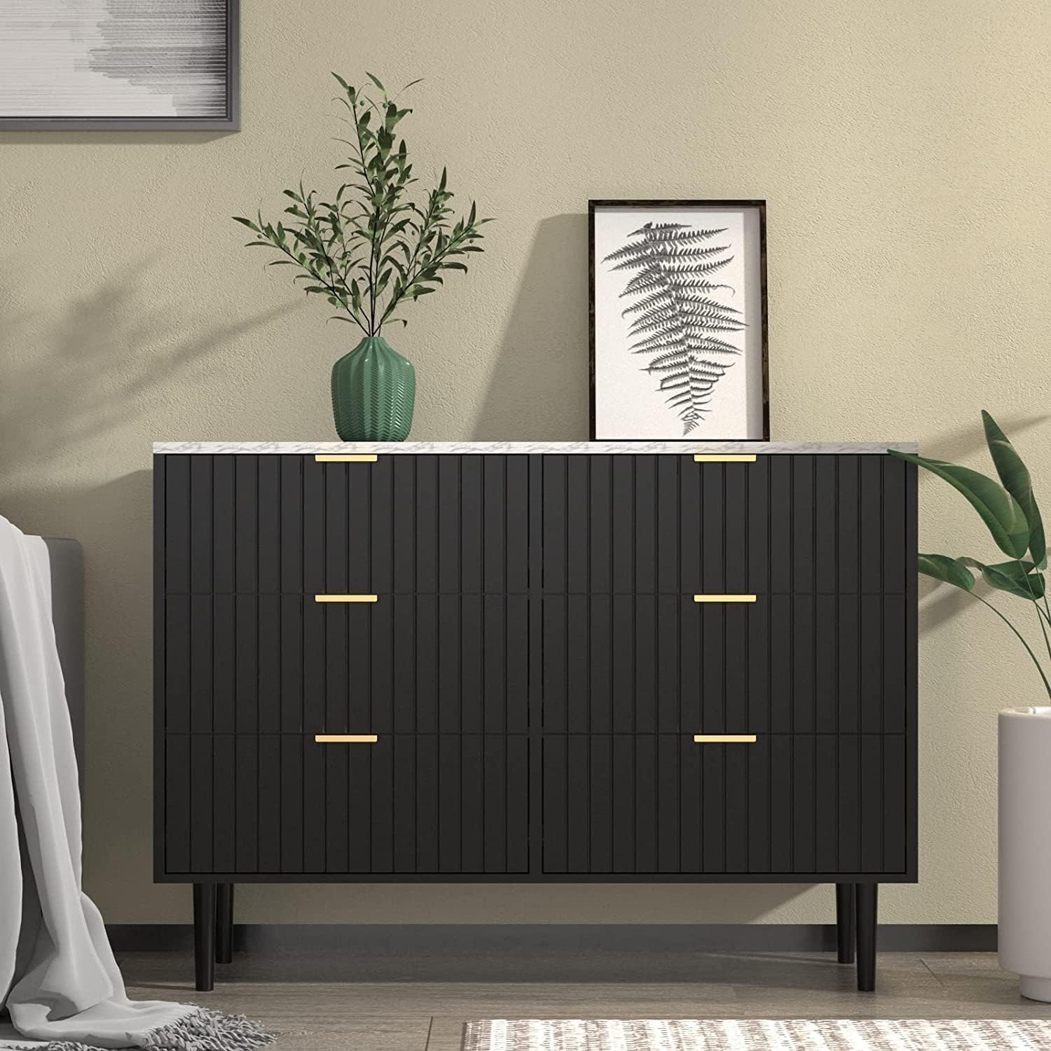Amazon.com: UEV Black 6 Drawer Dresser and Nightstand Sets, Marble Texture  Top Modern Dresser and Fluted Night Stand Set of 2 Comb 3 Pieces for  Bedroom(New) : Automotive