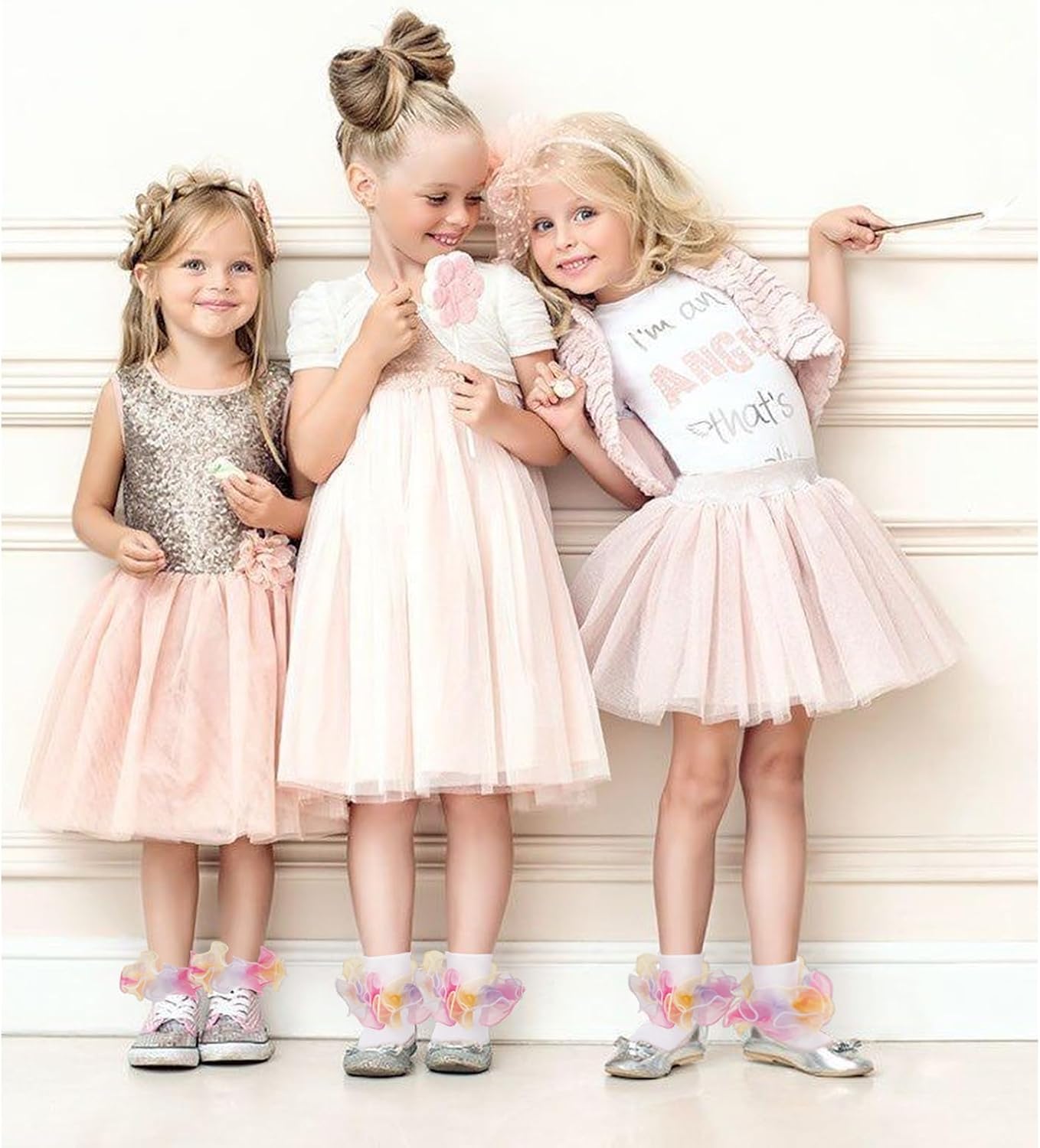 Toddler Girls Double Lace Ruffle Rainbow Socks Turn Cuff Shimmering Big Ruffle Dress Lace Socks - Image 3