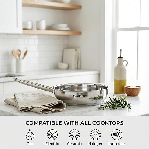 Miniatura 5 de Sunhouse Sartén de acero inoxidable de tres capas de 8 pulgadas, sartén completamente recubierta con mango que se mantiene fresco, apto para horno