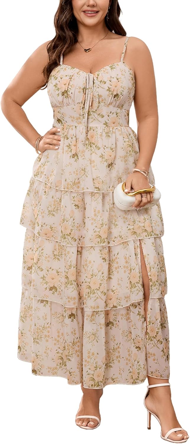SHESTARR Womens Plus Size Maxi Dress Elegant Wedding Guest Cocktail Party Spaghetti Strap Tiered Ruffle Slit Floral Dresses
