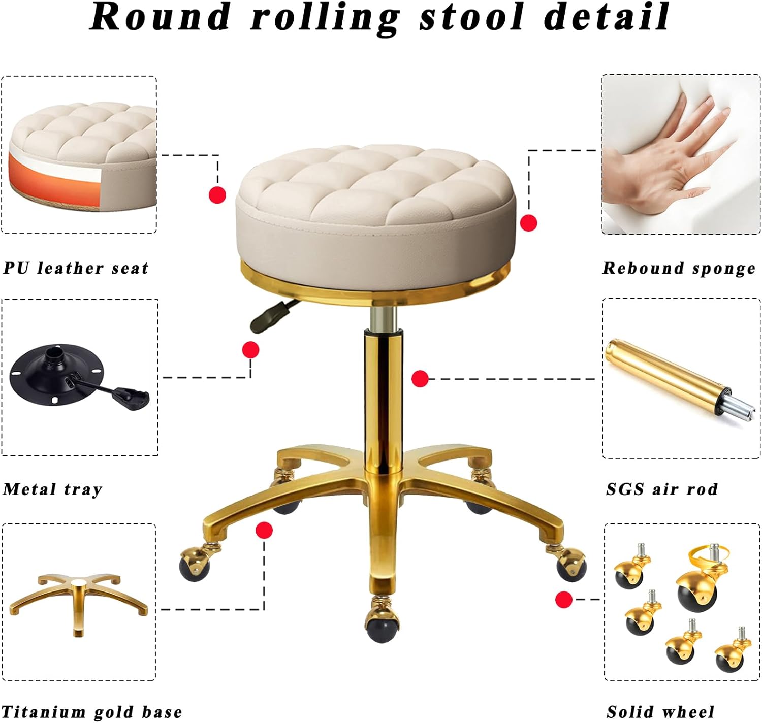 Rolling Stool Gold Vanity Stool with Wheels, Pedicure Massage Roller Stools, PU Leather Round Swivel Salon Spa Chair, Titanium Gold Base, Height Adjustable 43-55 cm (Off White)