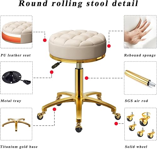 Miniatura 5 de HZLCMPY Taburete redondo de barra rodante, taburete de salón de belleza y spa, silla de pan médica, 5 garras de titanio dorado con ruedas giratorias