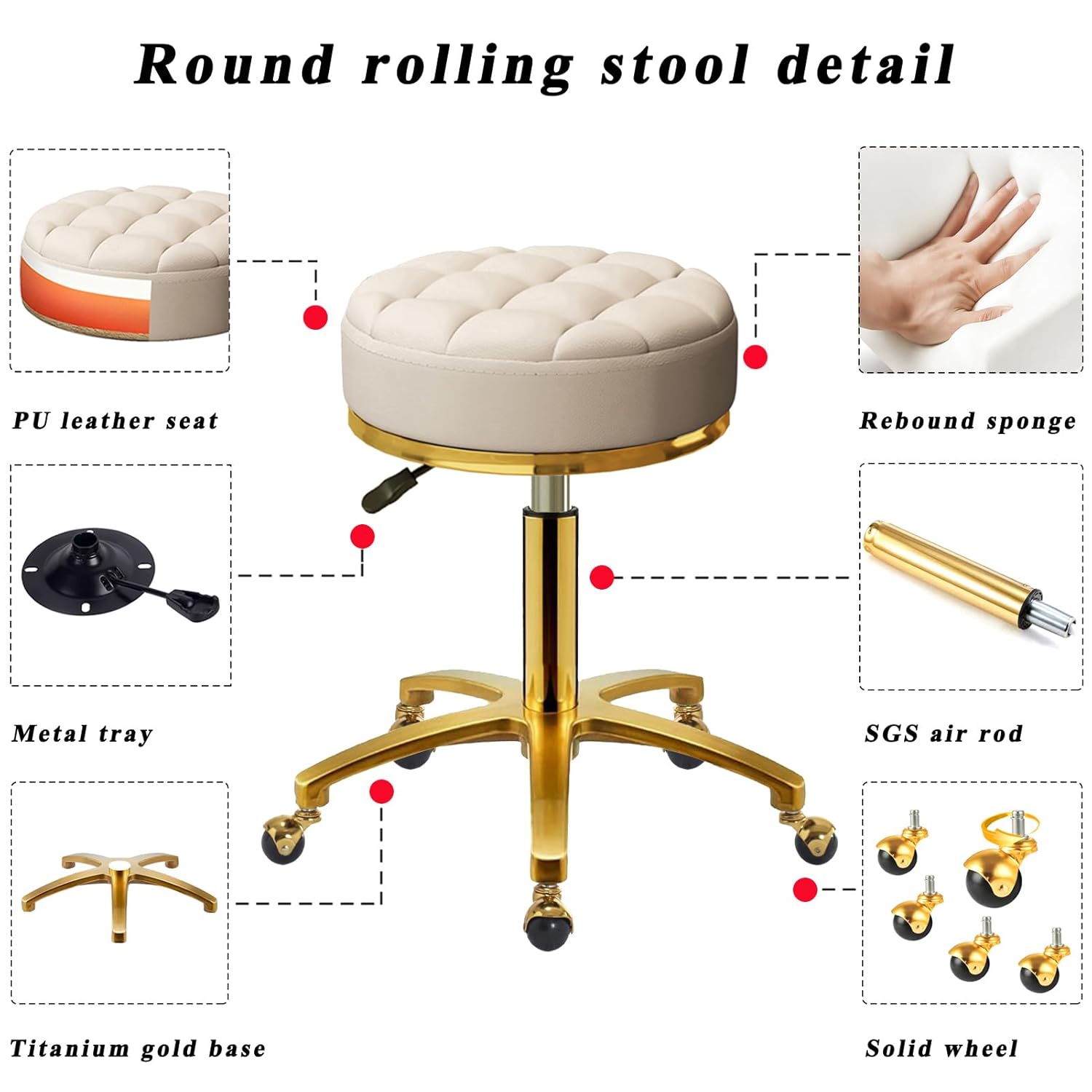 HZLCMPY Rolling Stool Gold Vanity Stool with Wheels, Pedicure Massage Roller Stools, PU Leather Round Swivel Salon Spa Chair, Titanium Gold Base, Height Adjustable 43-55 cm (Off White) HZLCMPY Rolling Stool Gold Vanity Stool with Wheels, Pedicure Massage Roller Stools, PU Leather Round Swivel Salon Spa Chair, Titanium Gold Base, Height Adjustable 43-55 cm (Off White)