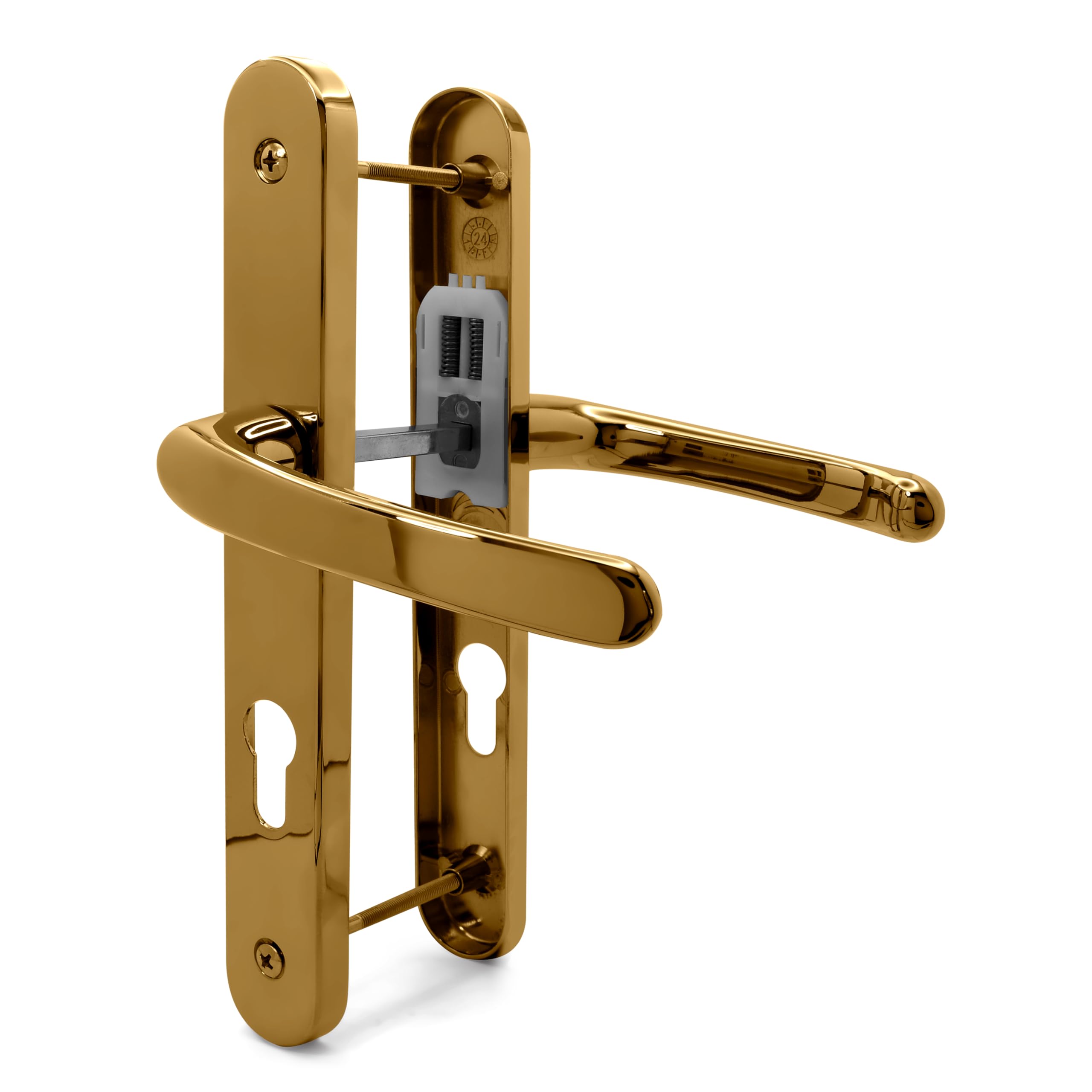 TSS UPVC Door Handle Set, 70mm PZ (Centres), with 7mm Spindle, Lever/Lever, Screw to Screw 200mm with Backplate 250mm x 34mm - Replacement PVC Door Handle (Polished Brass)