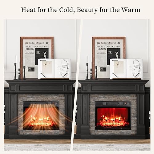 Miniatura 4 de LGHM Chimenea eléctrica de 72 pulgadas con repisa, soporte de TV para televisores de hasta 80 pulgadas, moderno centro de entretenimiento negro con