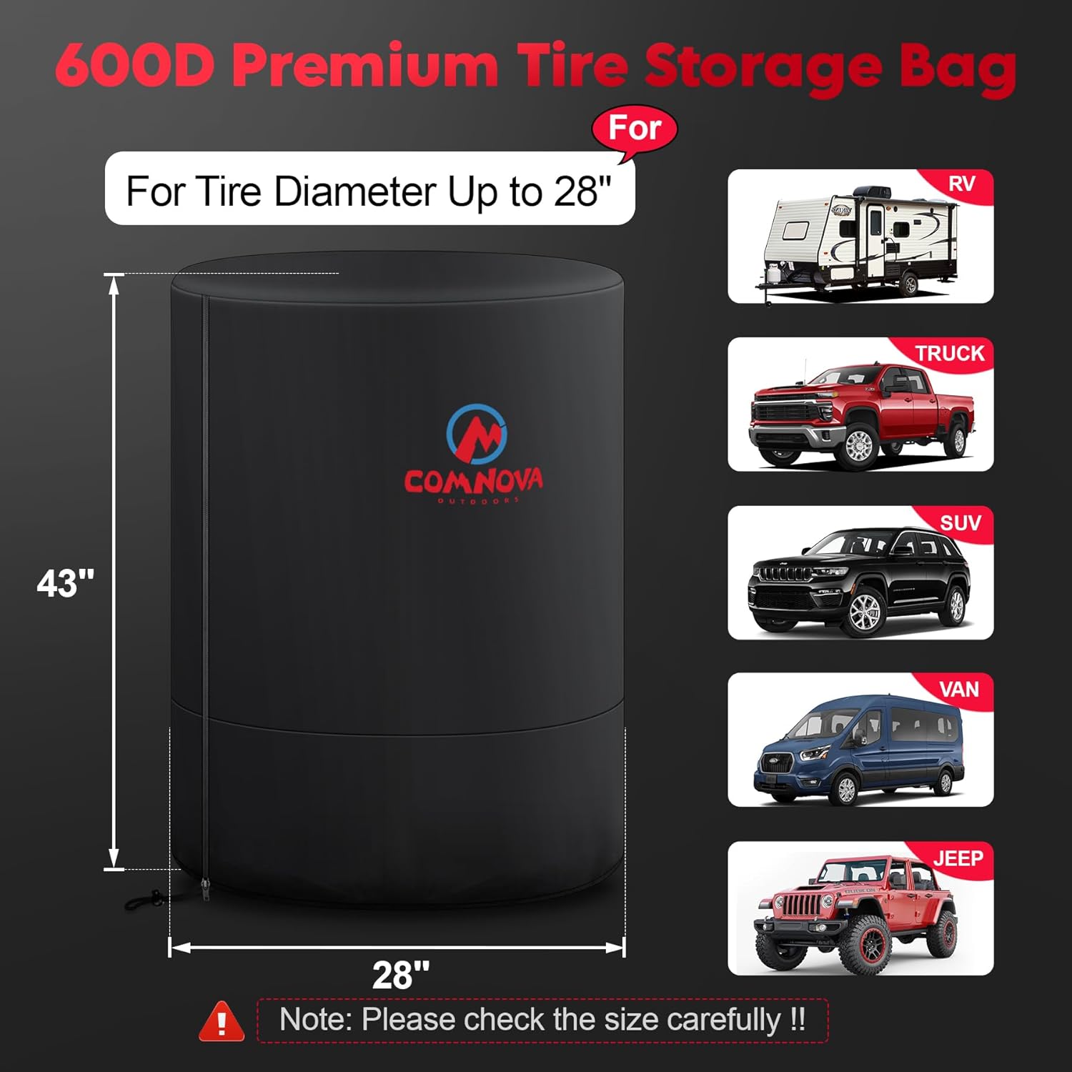 Comnova Tire Storage Cover - 600D Tire Cover for Trucks SUV Camper RV Trailer, Waterproof Heavy Duty Fade-Resistant Seasonal Spare Tire Storage Bags, Fits Tire Diameter 28 Inch Tire