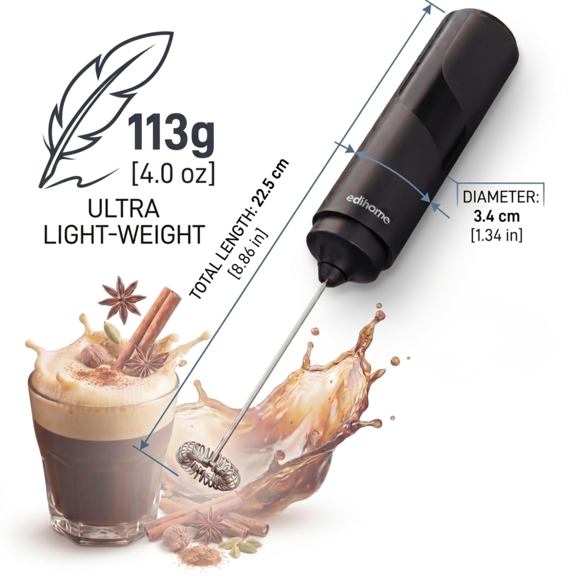 edihome, Espumador de Leche, Eléctrico, Milk Frother Portátil para Café, a Pilas, Batidor de Espuma para Cappuccino Latte, Matcha, Potente y Silencioso (Negro, A Pilas) - 3