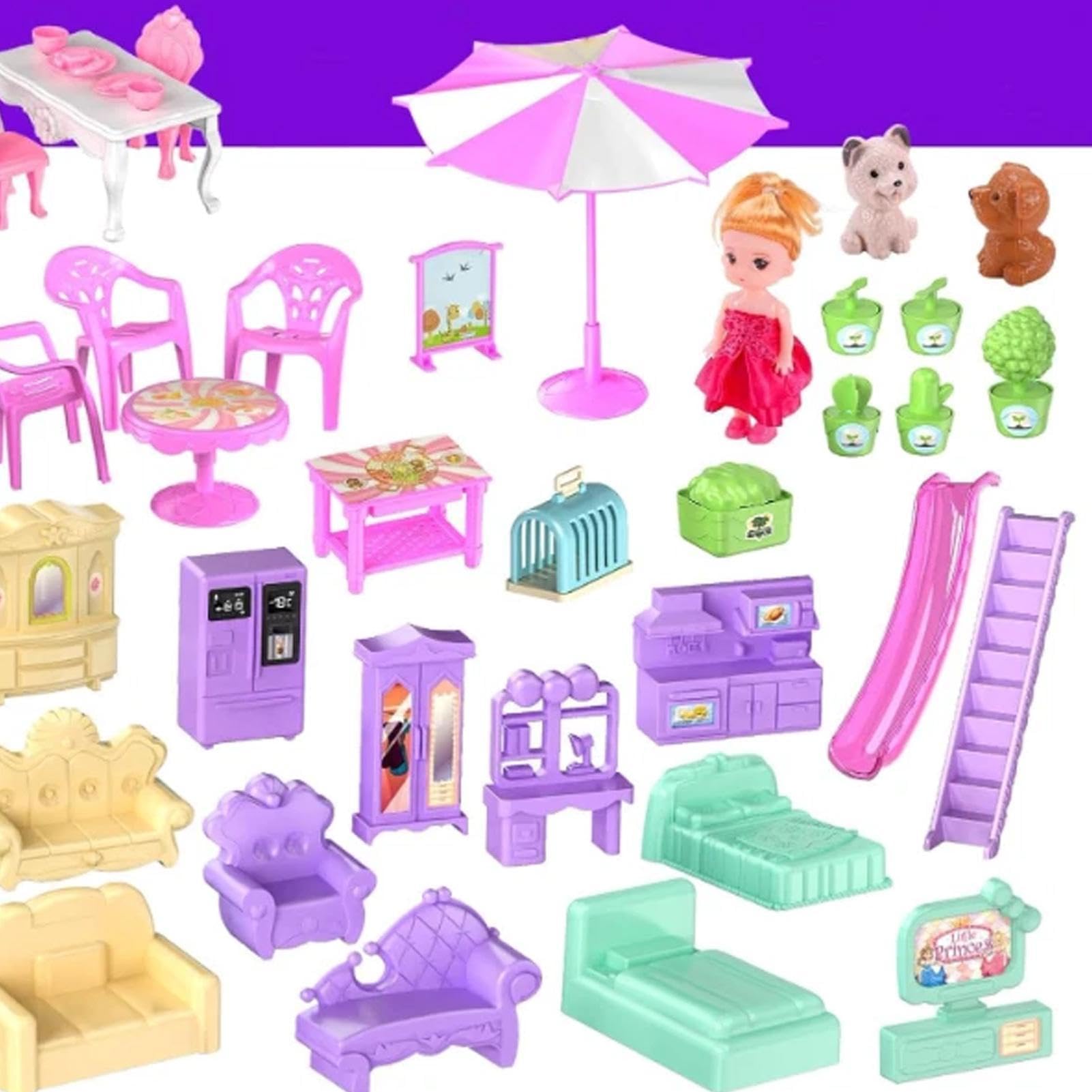 Dom dla lalek, Mini Villa, Princess Mansion, Toy Home, dla dziewczyn | Miniaturowy zestaw z czterema kołami i wieloma pokojami zawierającymi figurki królewskie meble i szczeniak do wnętrz