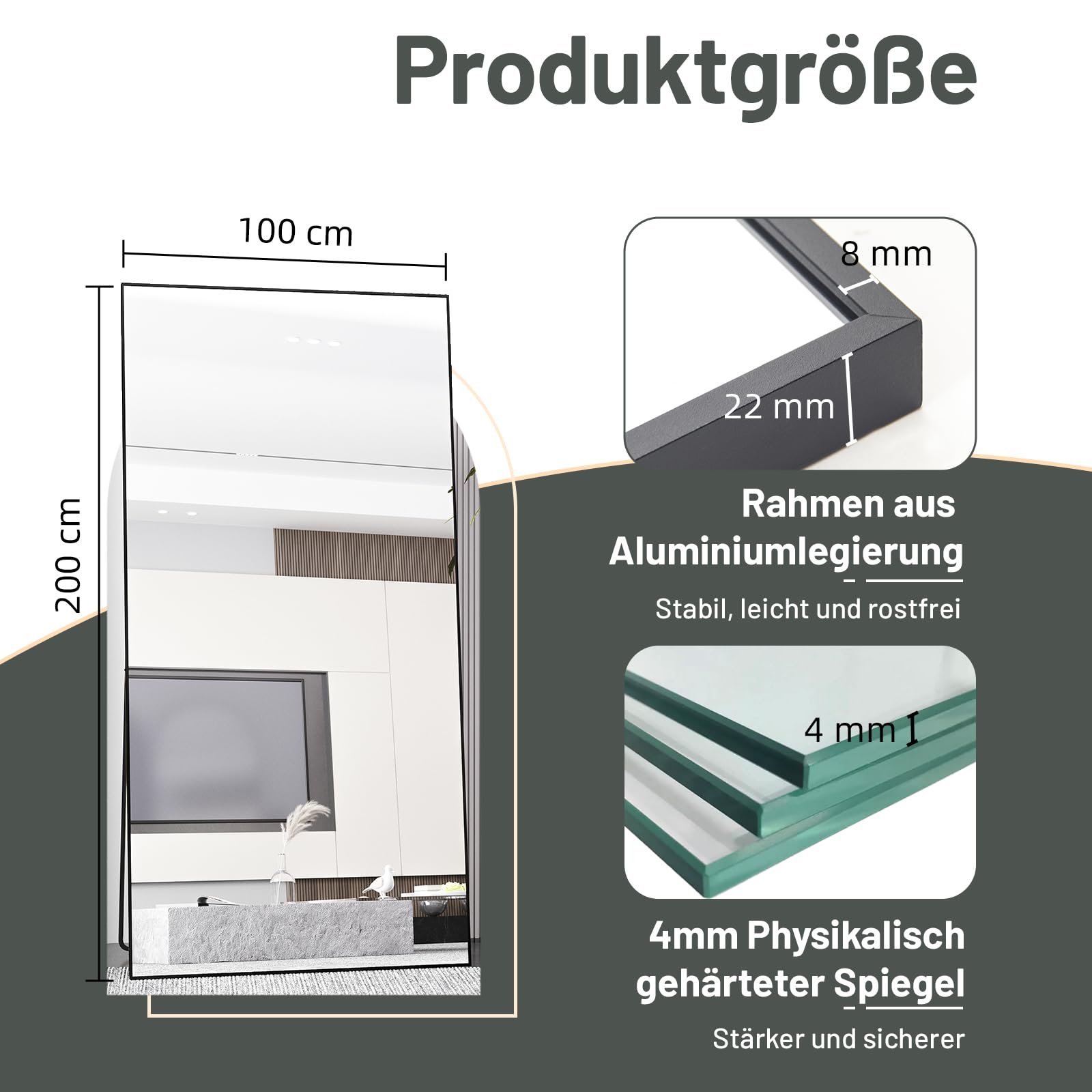 Ganzkörperspiegel Standspiegel 200x100cm mit Schwarz MetallrahmenBodenspiegel HD Spiegel Groß Wandspiegel mit Haken für Wohn-, Schlaf- und Ankleidezimmer