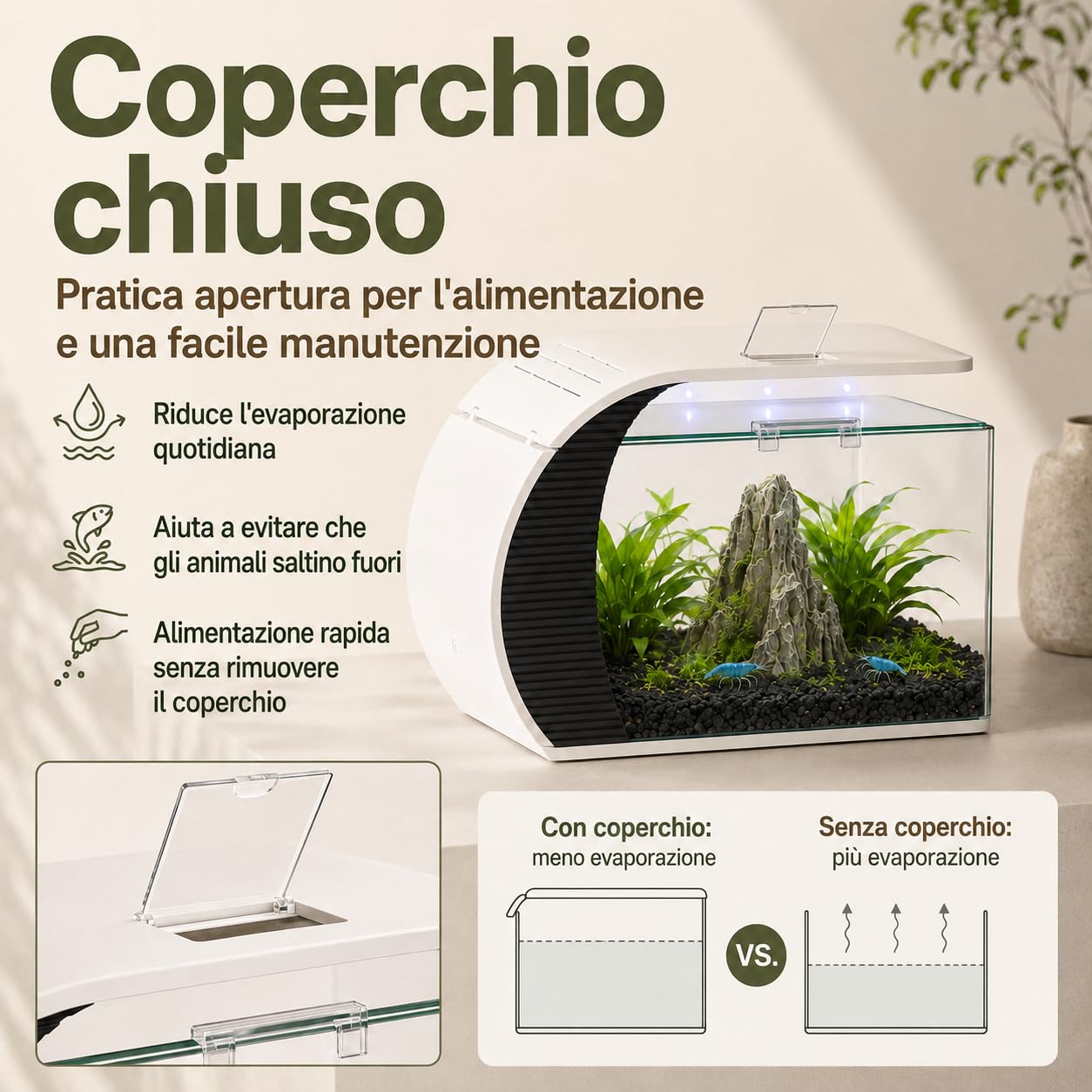 Acquario con illuminazione a LED e pompa d'acqua, capacità per pesci ornamentali, granchi, piante, ideale per soggiorno, camera da letto, ufficio, decorazione