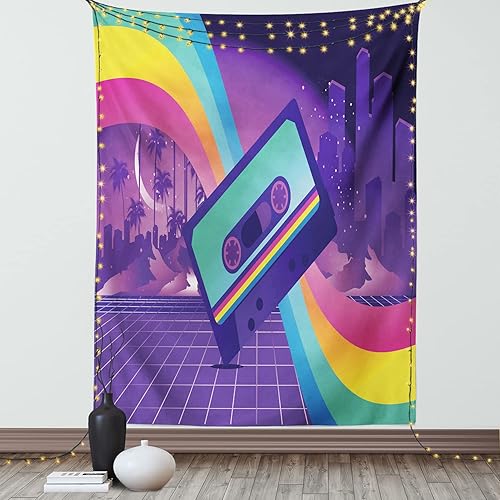 Ambesonne Synthwave Tapestry, Old Cassette Tape and Rainbow Rays over a Southern City with Palms, Wall Hanging for Bedroom Living Room Dorm Decor,