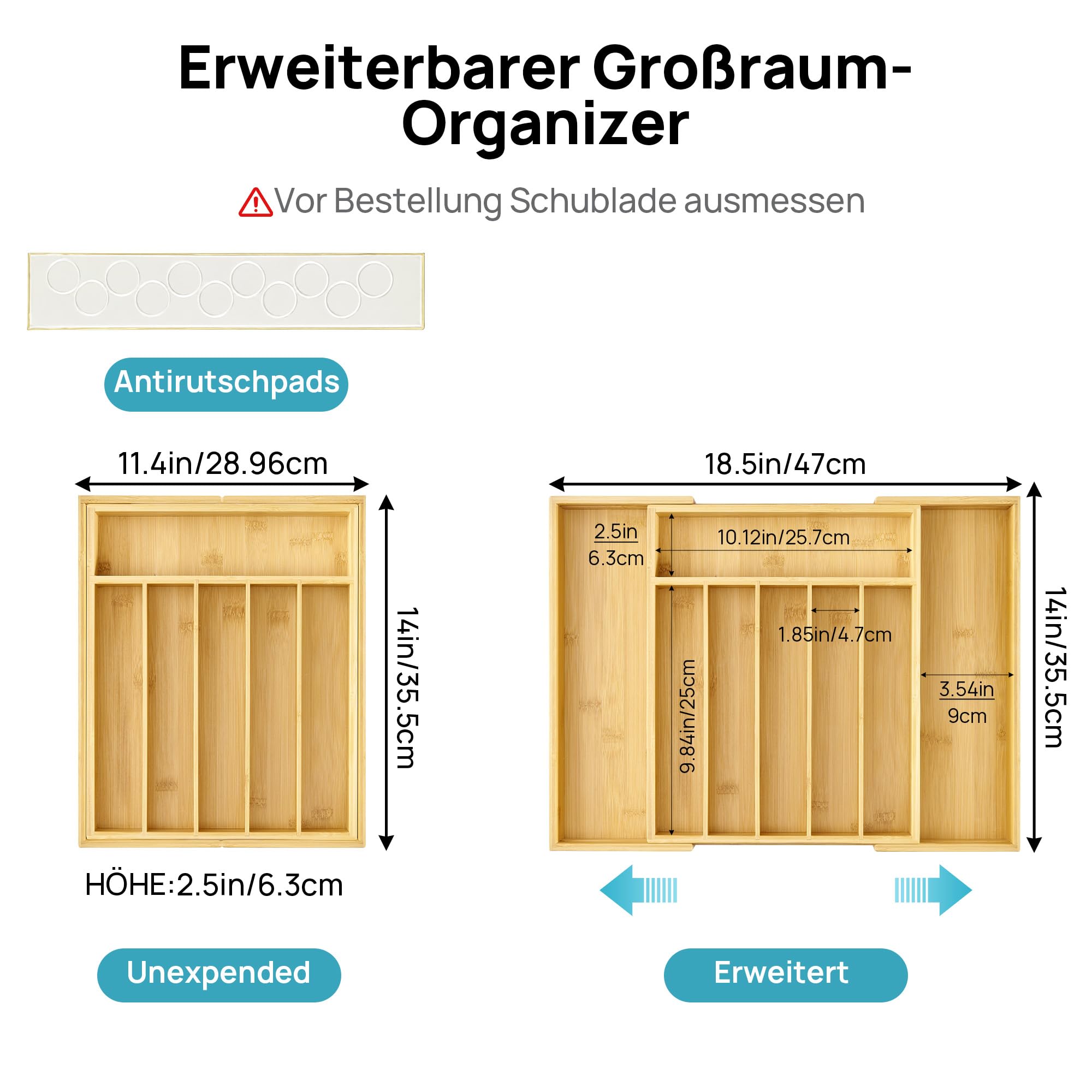 Vtopmart Besteckkasten für Schubladen, ausziehbar bis 47cm, Bambus,8 Fächer – Ansicht 2