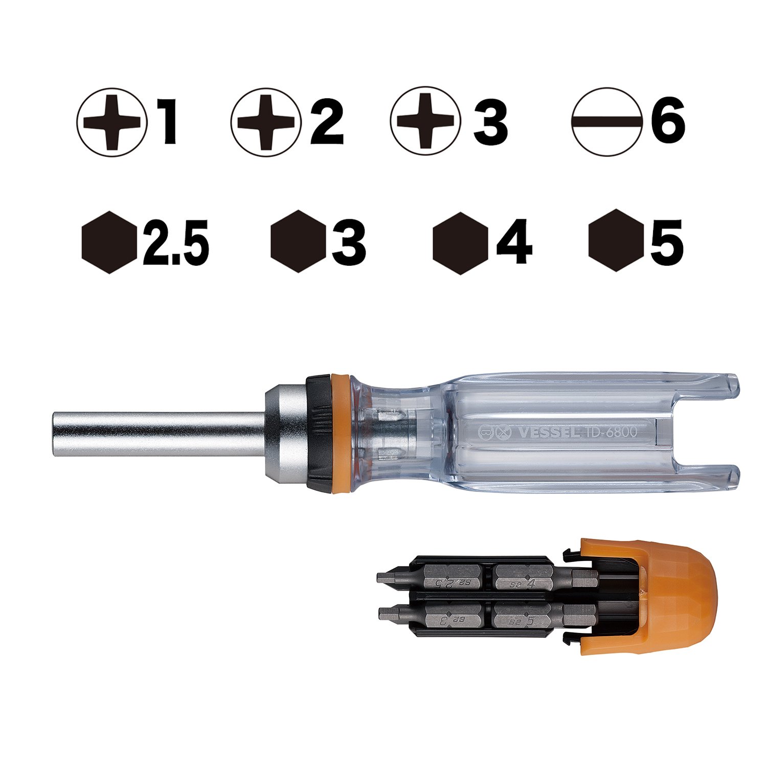 VESSEL TD-6808MG Ratchet Screwdriver (with 8 Bits)