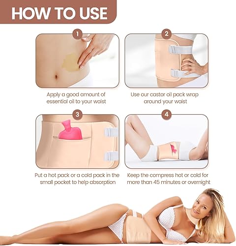 Miniatura 5 de Kodera Paquete de 5 aceite de ricino, paquete de aceite de ricino orgánico reutilizable para desintoxicación del hígado, franela de algodón orgánico