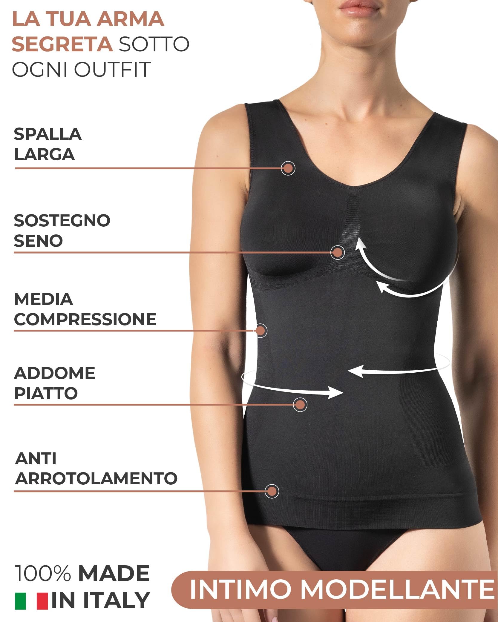 Risalti Canotta Donna Modellante Spalla Larga - Canottiera Donna Microfibra Elasticizzata, Top Intimo Modellante Senza Cuciture ed Etichette, Body Contenitivo, Traspirante - Made in Italy