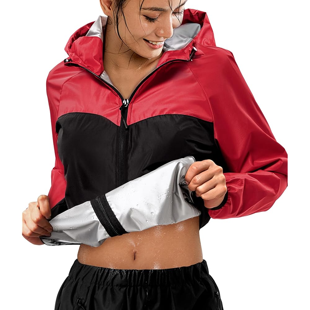 Junlan Sauna Suit for Women Sweat Jacket Gym Workout Vest Sweat Suits for Women (A.Red Jacket Only,Large)