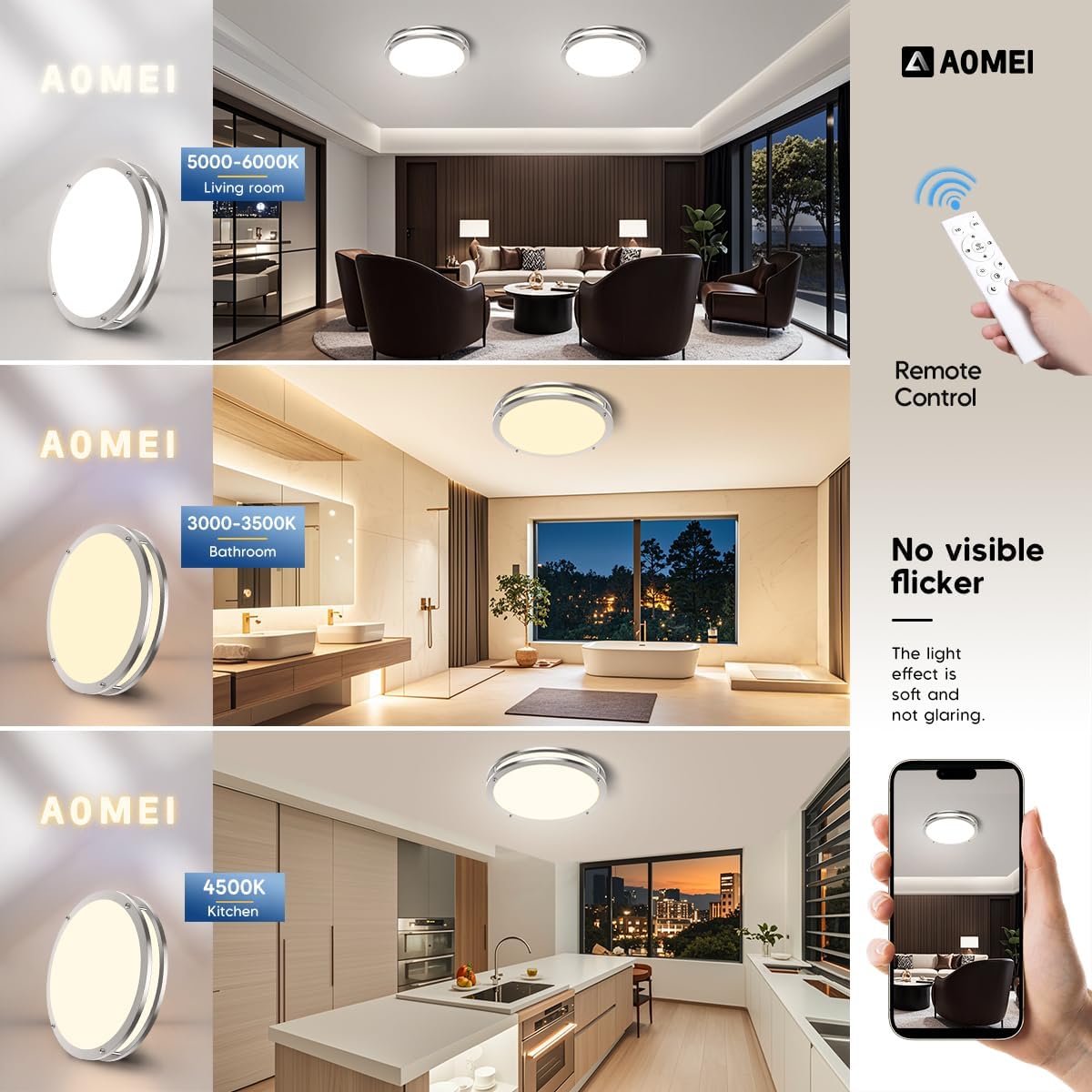 AOMEI 16inch Silver Natural Light Spectrum LED Ceiling Light for Bedroom Living Room - 24W 3000K-6000K, 4-Point Secure Flush Mount Flat Panel, CRI＞97 Round Modern Fixture with Remote Control