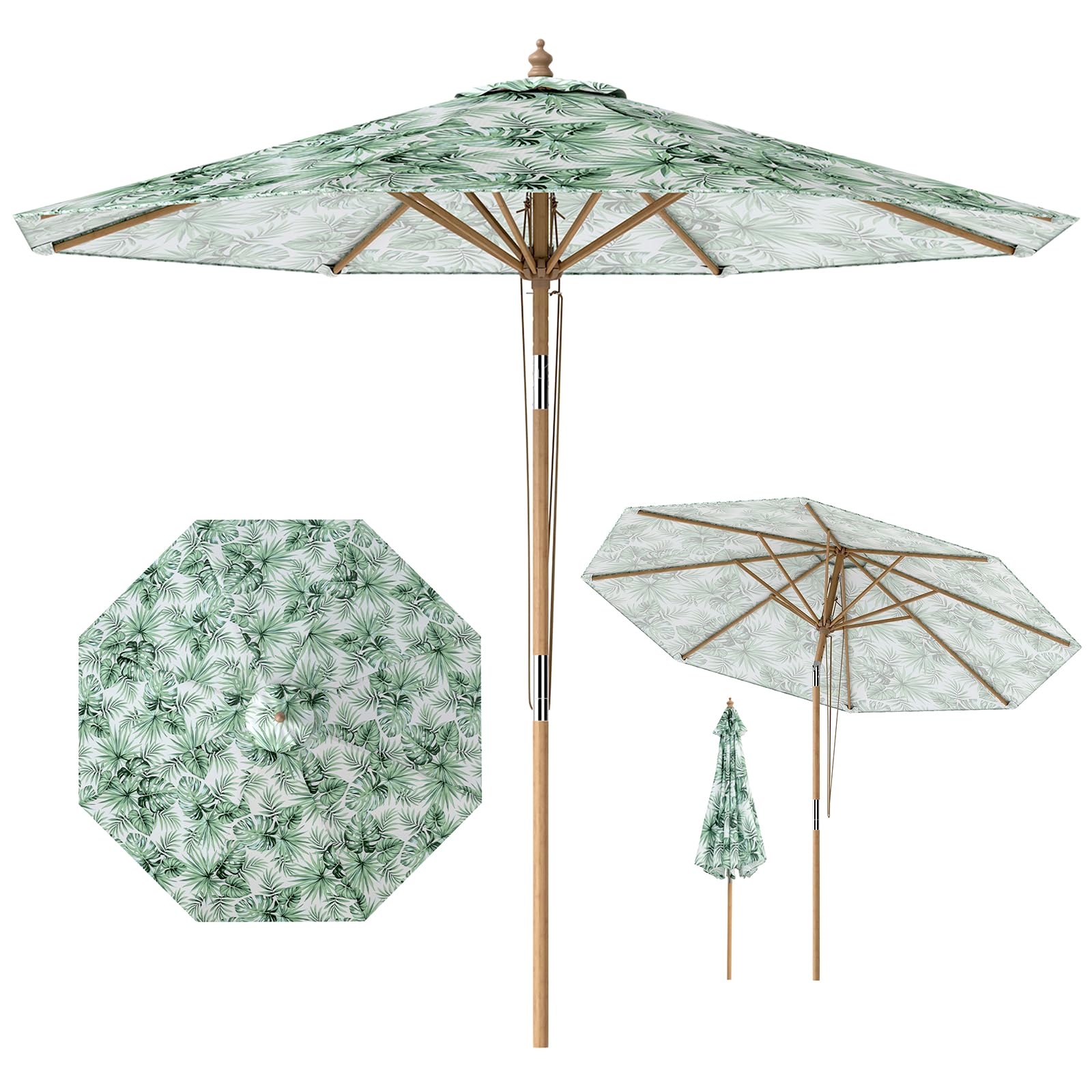 RELAX4LIFE Parasol Inclinable 270CM en Bois, Motif de Plantes Tropicales