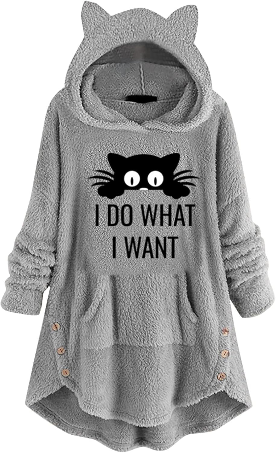 Hoodies for Women Oversized Cat Ears Fleece Buttons Casual Cosy