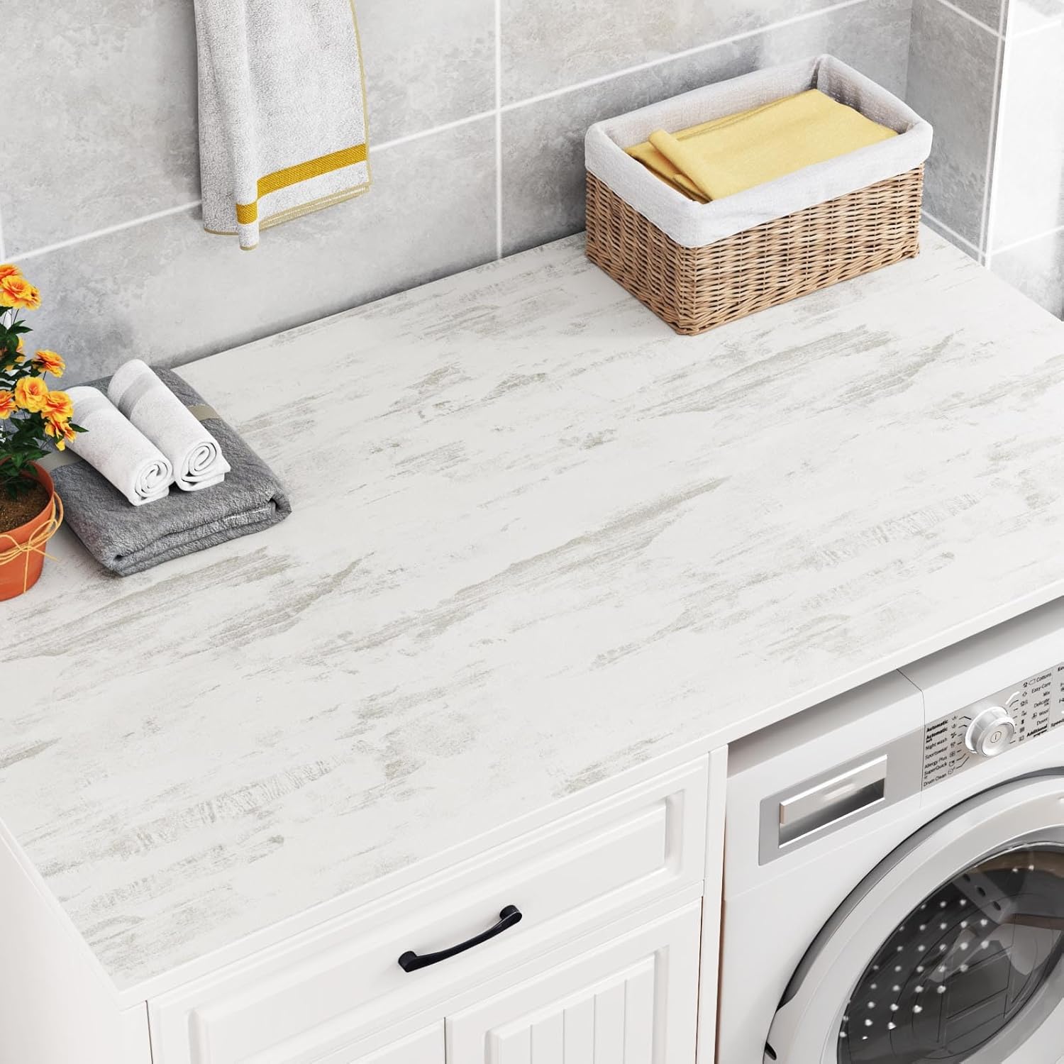 Wallercity Thick Textured White/Gray Wood Contact Paper for Countertops Peel and Stick Wallpaper Matt Grey Cement Wall Paper Wood Look Wallpaper for Kitchen Bathroom 15.8''x315'' Vinyl Wrap for Table