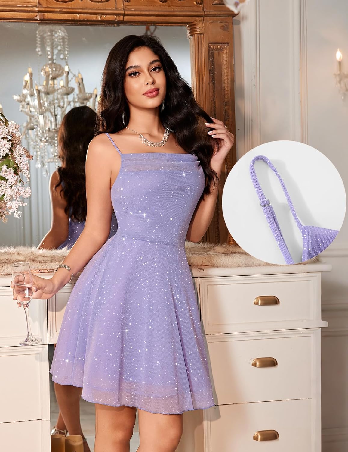 Bridesmay Women's Sparkly Short Cocktail Party Dresses, Spaghetti Strap Cowl Neck Mini Prom Dress 2026 - Image 4