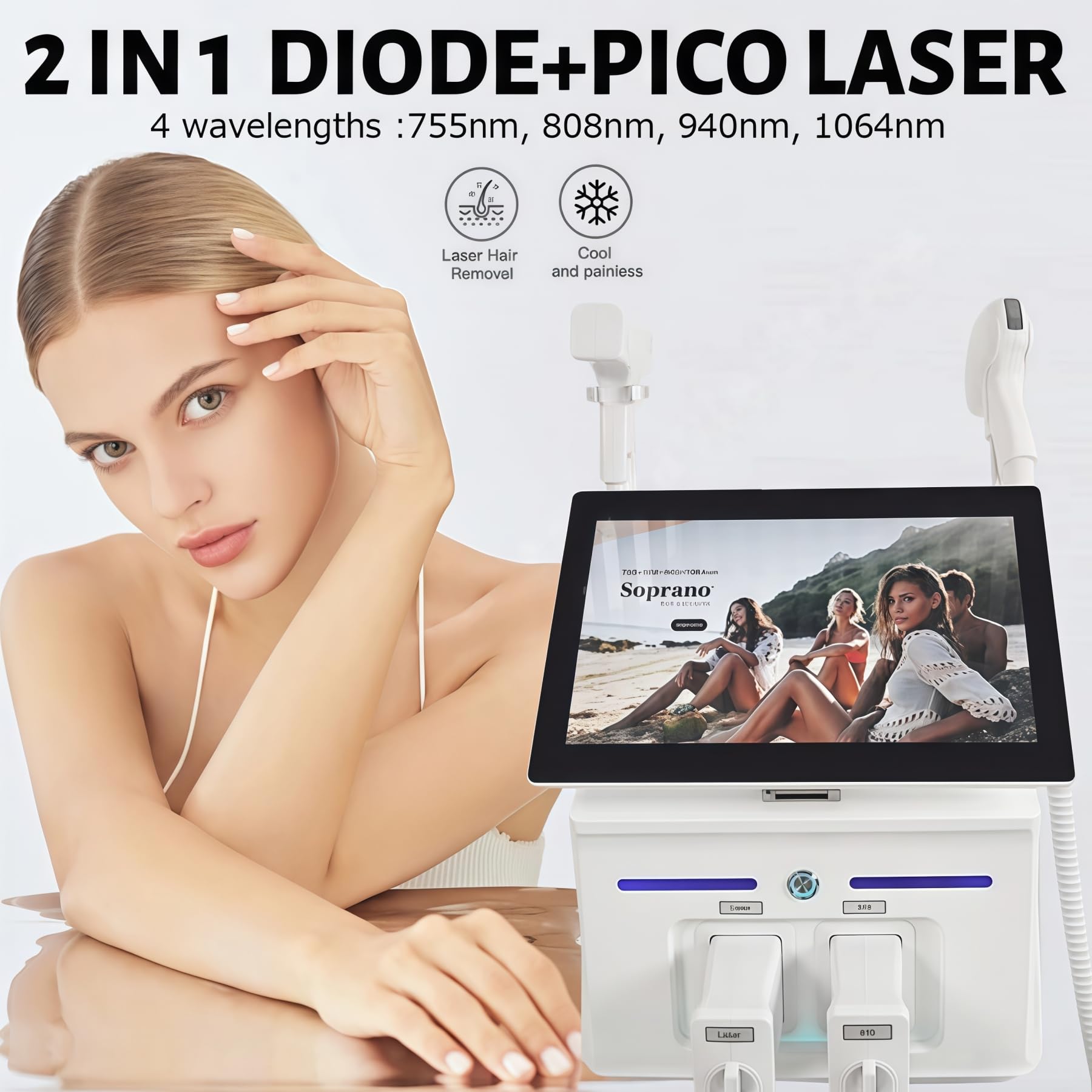 Laser diodo 2 in 1 808nm + macchina laser picosecondi per depilazione professionale, 4 lunghezza d'onda 755nm 808nm 940nm 1064nm, bellezza della pelle, rimozione del tatuaggio/pigmento