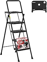 HBTower 4-Step Folding Steel Ladder with Tool Tray, Anti-Slip Pedals, Handrail - Lightweight Stable Step Stool