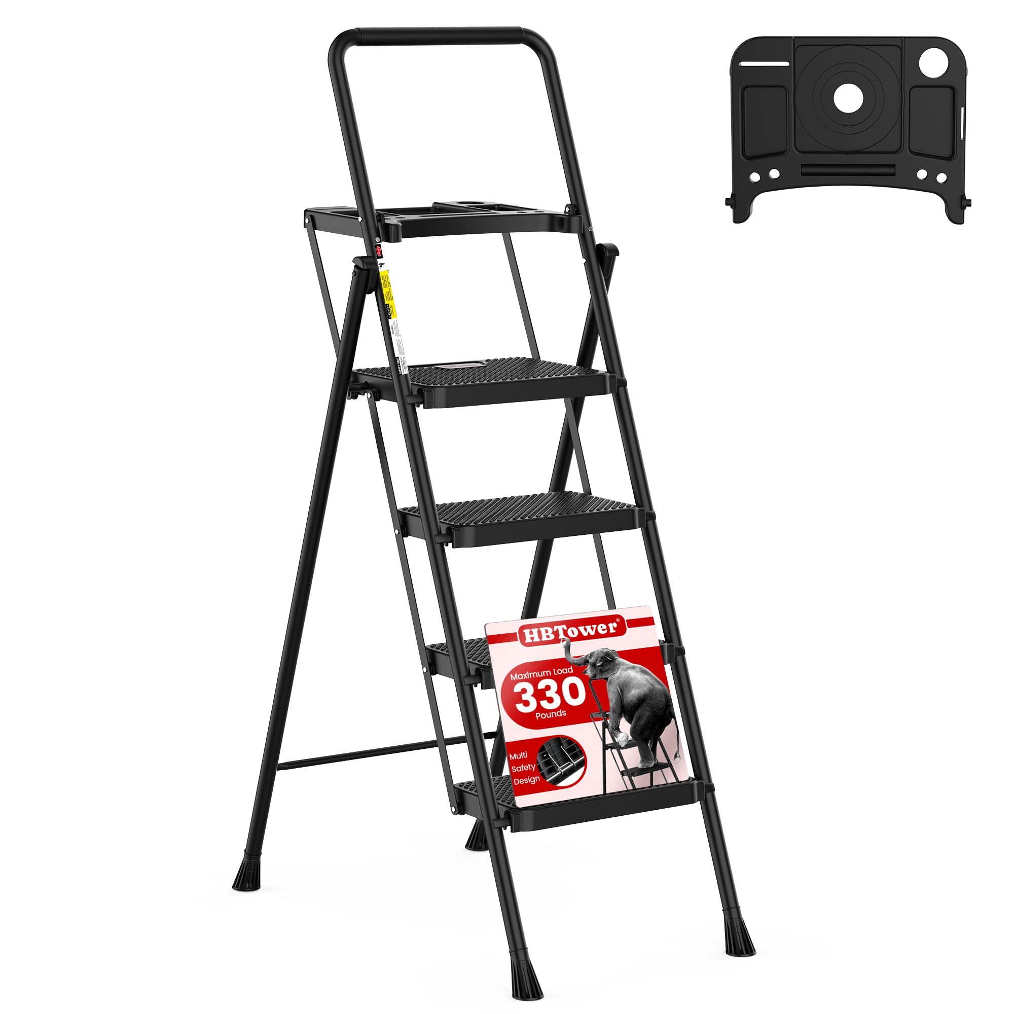 HBTower Step Ladder, Folding Step Stool with Wide Anti-Slip Pedal, Sturdy Steel Ladder, Convenient Handrail, Lightweight, Portable Steel Step StoolGlobal Recycled StandardGlobal Recycled StandardGlobal Recycled Standard