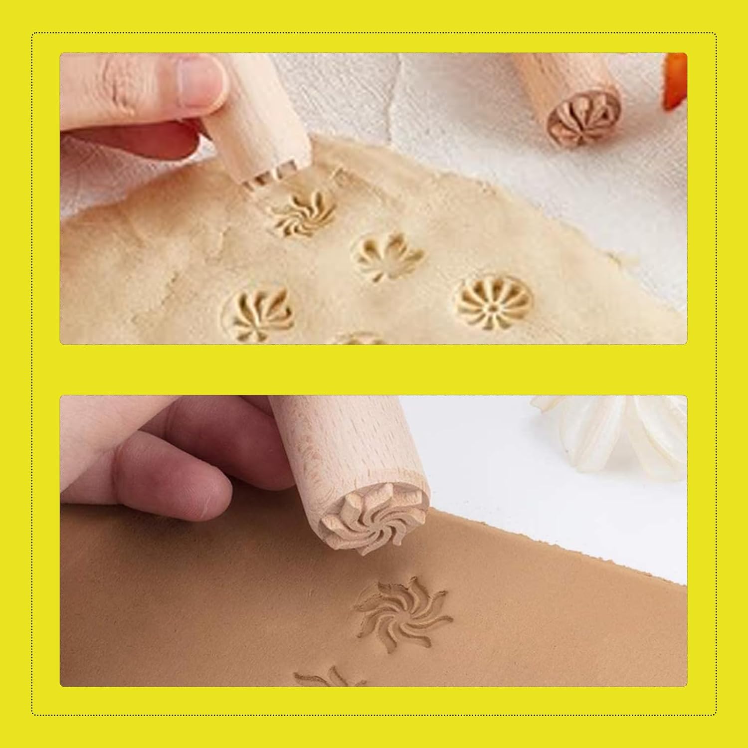 7PCS Wooden Clay Stamps Set - 2x0.8 Inch Round Column Pottery Stamps with Mixed Patterns for Polymer Clay & Ceramic Decorating Art
