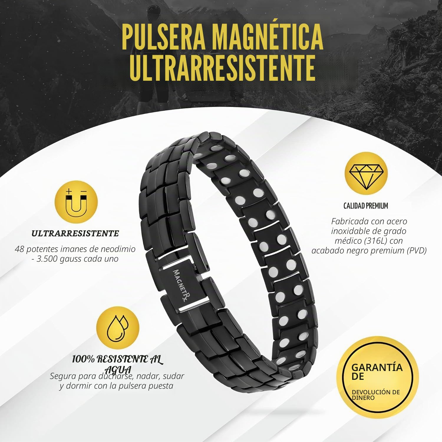 MagnetRX® Pulsera Magnética Ultrarresistente - Brazaletes Magnéticos de Acero Inoxidable para Hombres – Pulsera de Longitud Ajustable con herramienta de Medición para un Ajuste Perfecto (Negra)