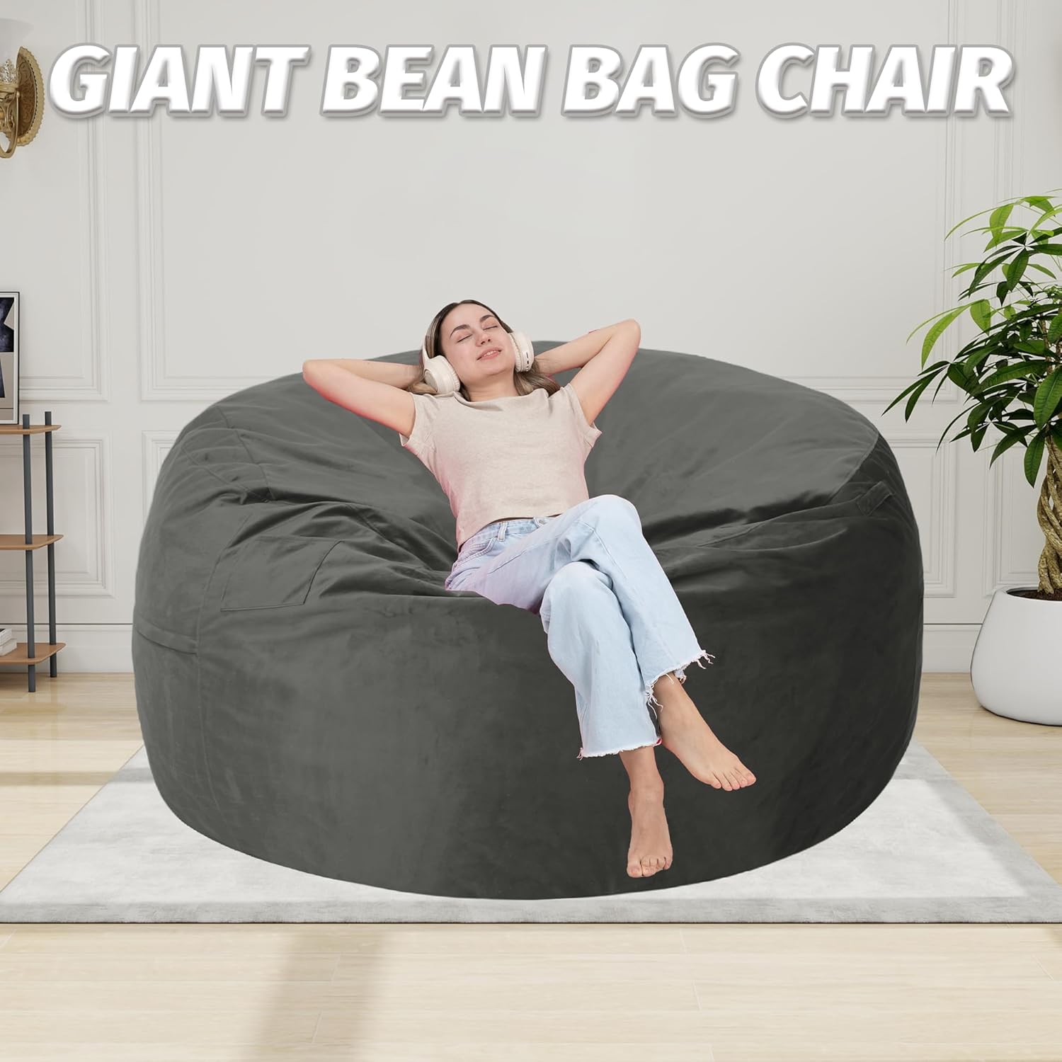 3FT Bean Bag Chair with Ultra Soft Velvet Cover Bean Bag Sofa with Memory Foam Bean Bag Chairs with Large Size Lazy Sofa for Dorm Office Living Room Bedroom Grey 3'