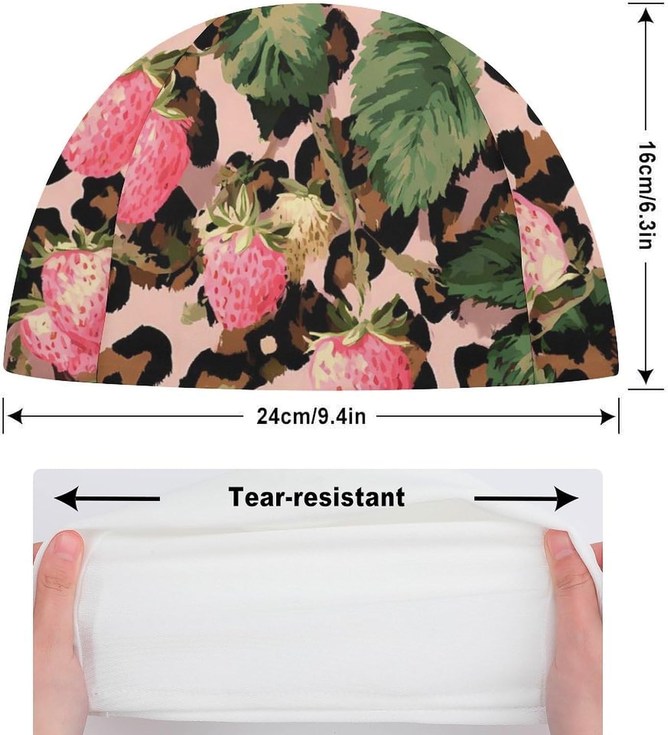 Leopard Print Strawberries Leaves Womens Swim Cap for Men Adult Swimming Hat Curly Short Medium Long Hair