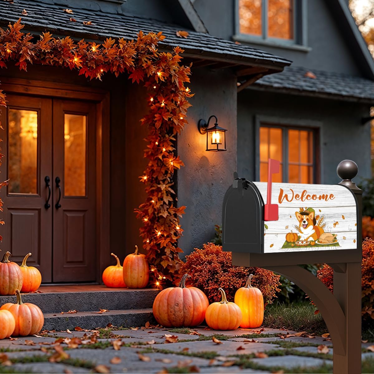 Fall Welcome Corgi Mailbox Cover Autumn Waterproof Post Letter Box for Outdoor Garden Yard Decor Standard Size 18 X 21 Inch