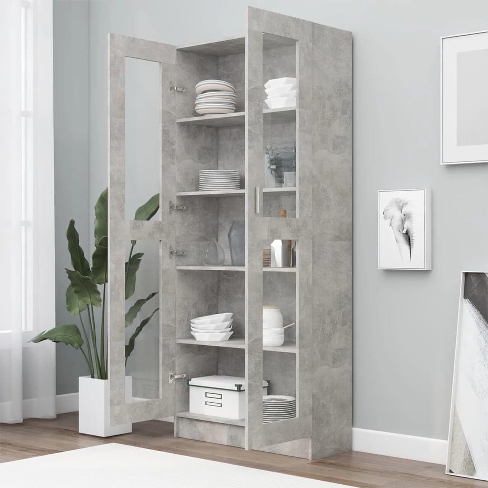 IKAYAA Armario Vitrina con 4 Compartimentos Vitrina de Cristal Vitrinas de salón Vitrinas de Exposición de Madera Contrachapada Aparador Comedor, Aparador Cocina Gris hormigón 82,5 x 30,5 x 185,5 cm