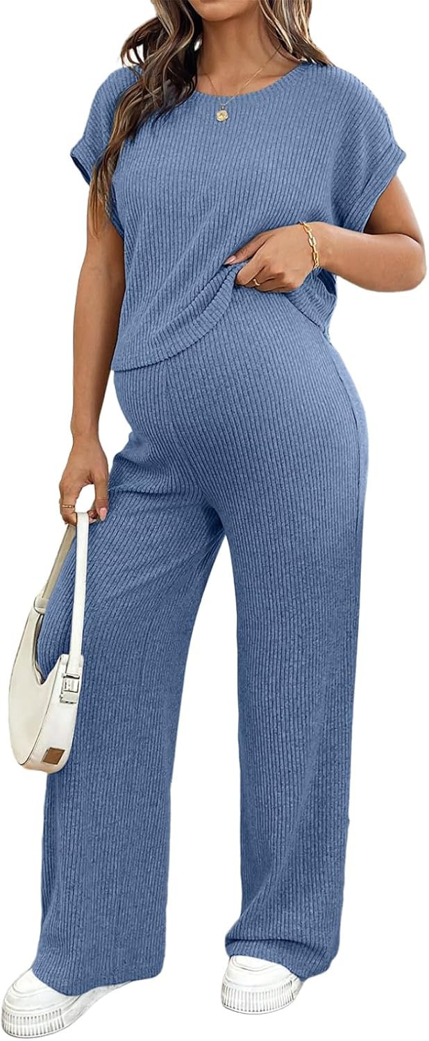 BLENCOT Maternity Clothes Ribbed Short Sleeve Maternity Pajamas Sets Sleepwear Lounge 2 Piece Matching Outfits Set