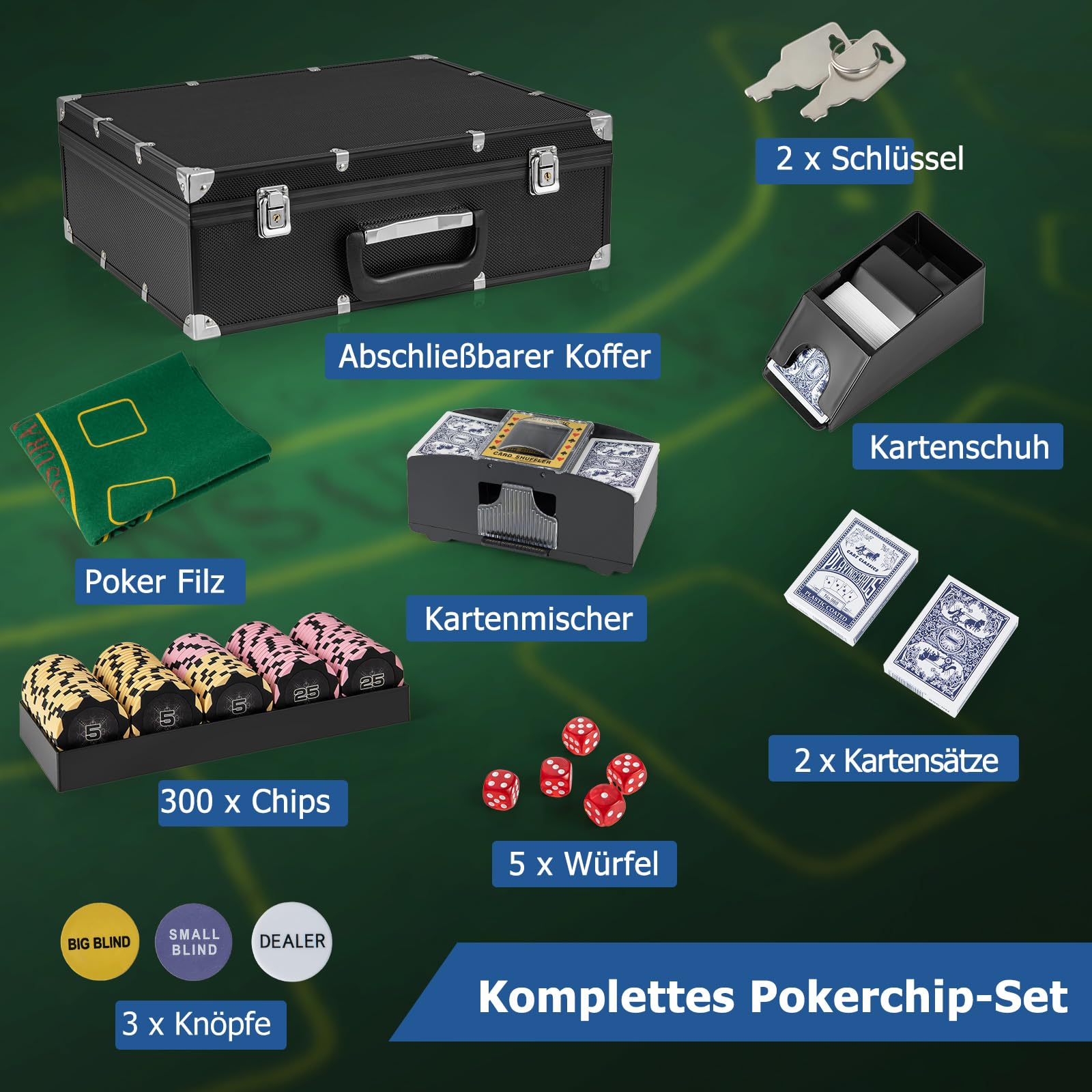 GOPLUS Texas Holdem zestaw pokerowy, 300 sztuk, walizka do pokera z 2 taliami na karty i 5 kostkami, 3 guzikami dealera, ściereczka do pokera i automatyczny tasak do kart i wyrzutnik kart, zestaw do