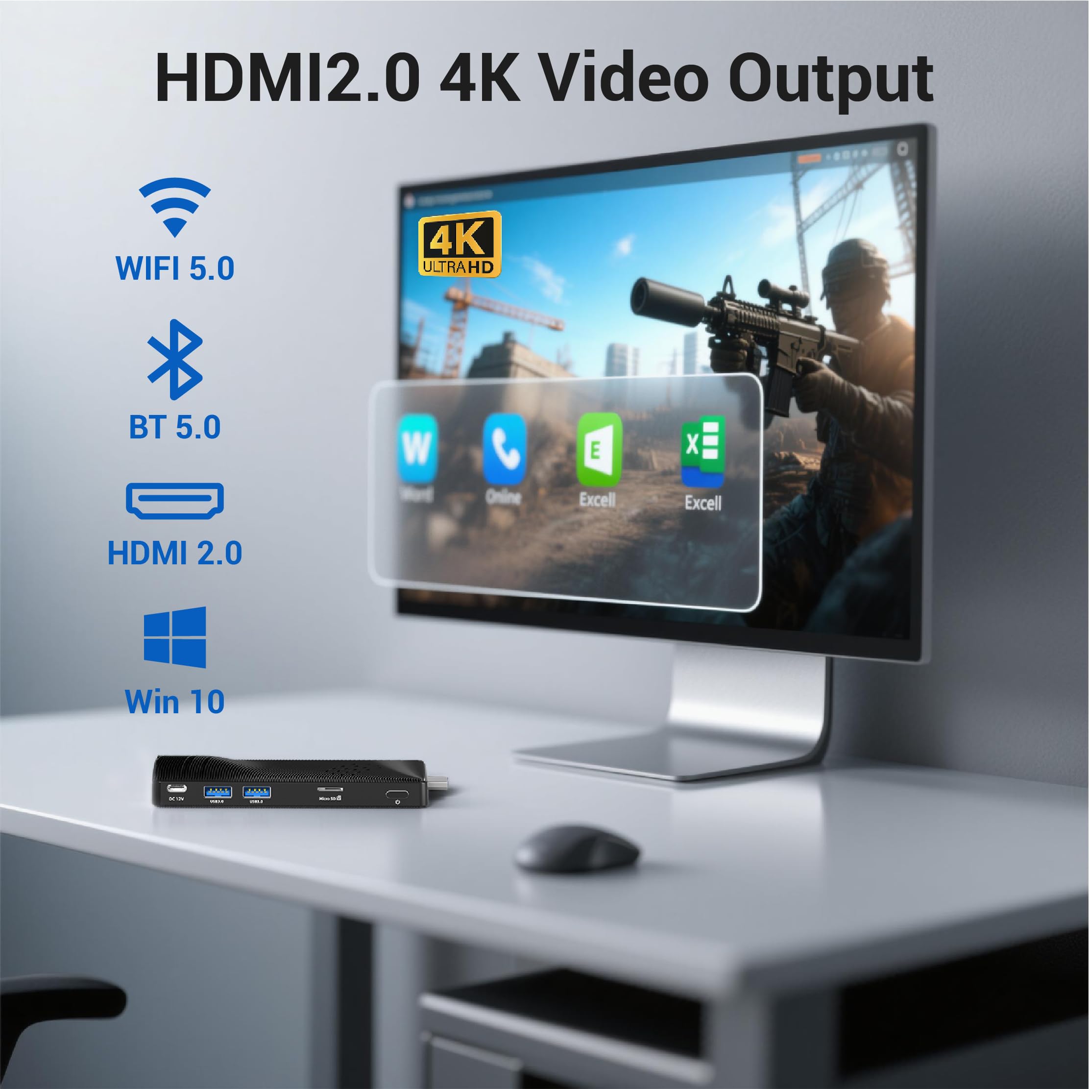 Mini PC Stick, Win 10, Celeron N4200 Computer Stick, 4GB RAM 64GB ROM Micro computadora, Support 4K HDMI 2.4G+5G WiFi/Bluetooth 4.2 für Business, Reisen, Heimbüro